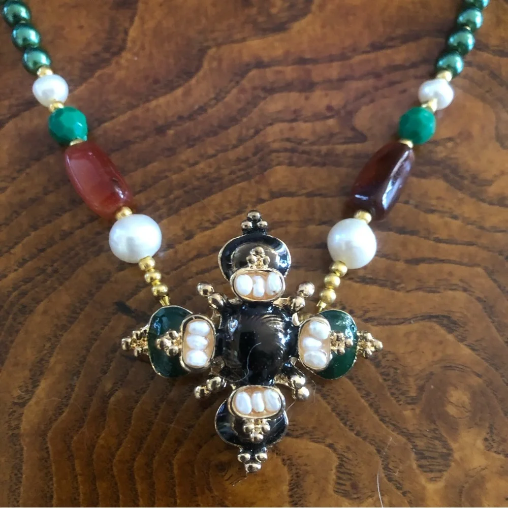 Handcrafted repurpose regal look pendant Czech glass Pearl necklace